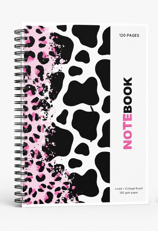 Pink Leopard & Cow Print Spiral bound Notebook Journal 8.5x11 Size Lined, 120 Pages/70 sheets | Grid, Dotted and Blank Paper Options (Copy)