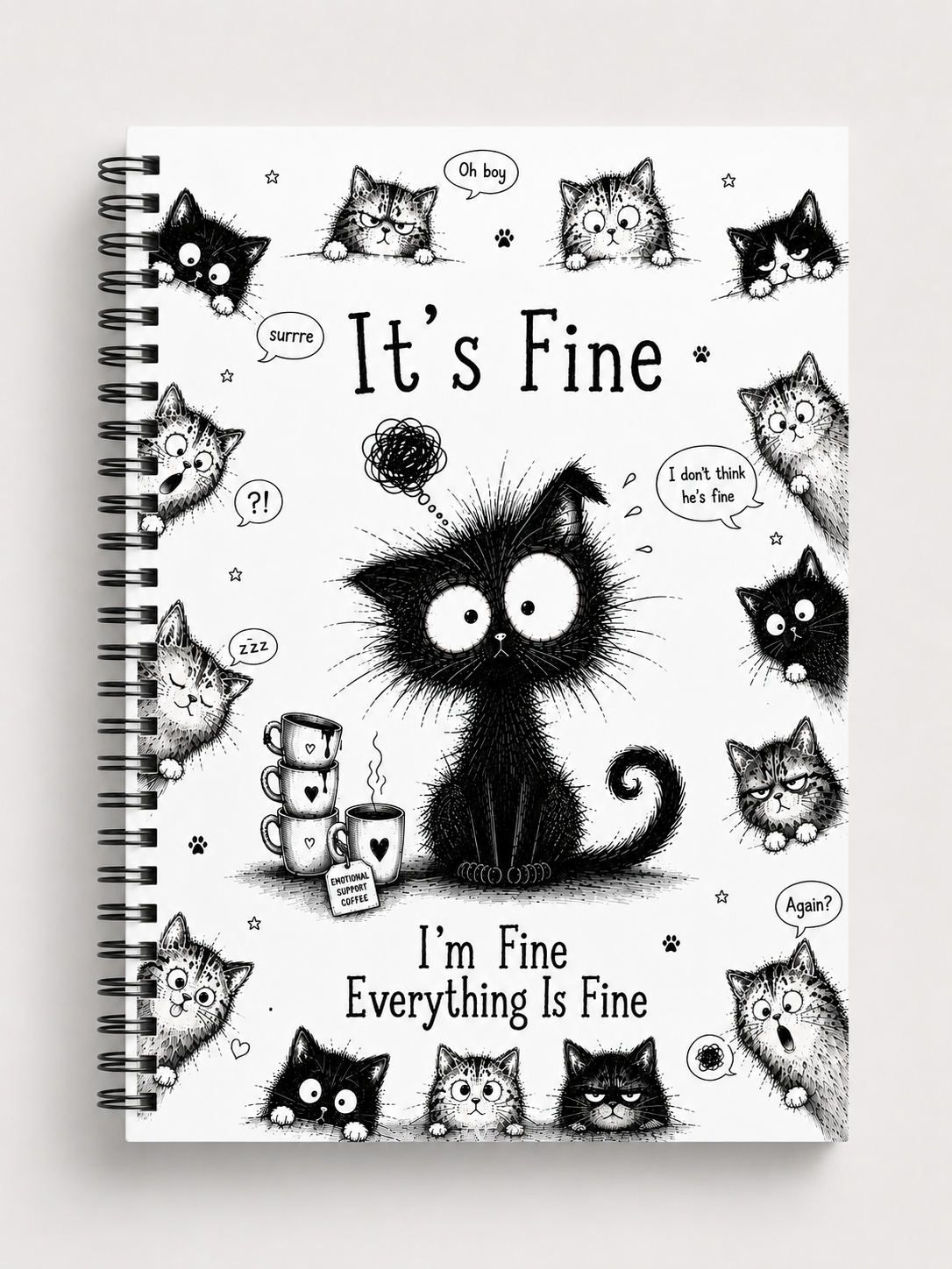 Funny Cat “I’m Fine”Spiral bound Notebook Journal 8.5x11