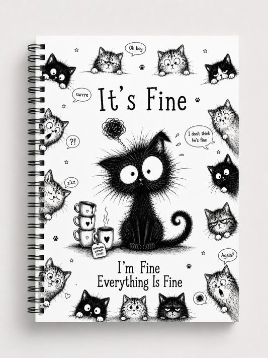 Funny Cat “I’m Fine”Spiral bound Notebook Journal 8.5x11 Size Lined, 120 Pages/160 sheets | Grid, Dotted and Blank Paper Options (Copy)